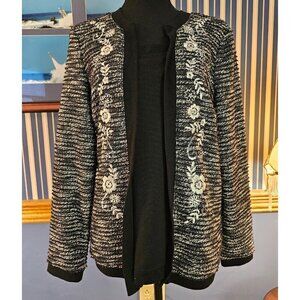 Rebecca Malone Black & White Embroidered Mock Loose Fit Cardigan Sweater, Size S
